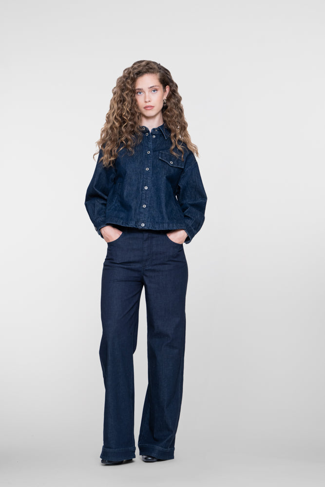 Geisha wide leg jeans met contrasterende boord en ceintuur