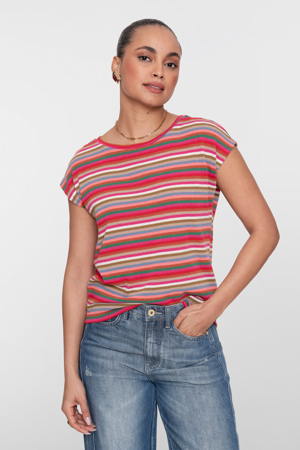 Geisha gestreepte dames top met multicolor dessin