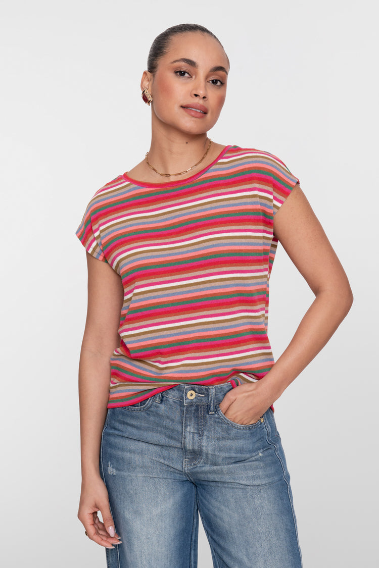 Geisha gestreepte dames top met multicolor dessin