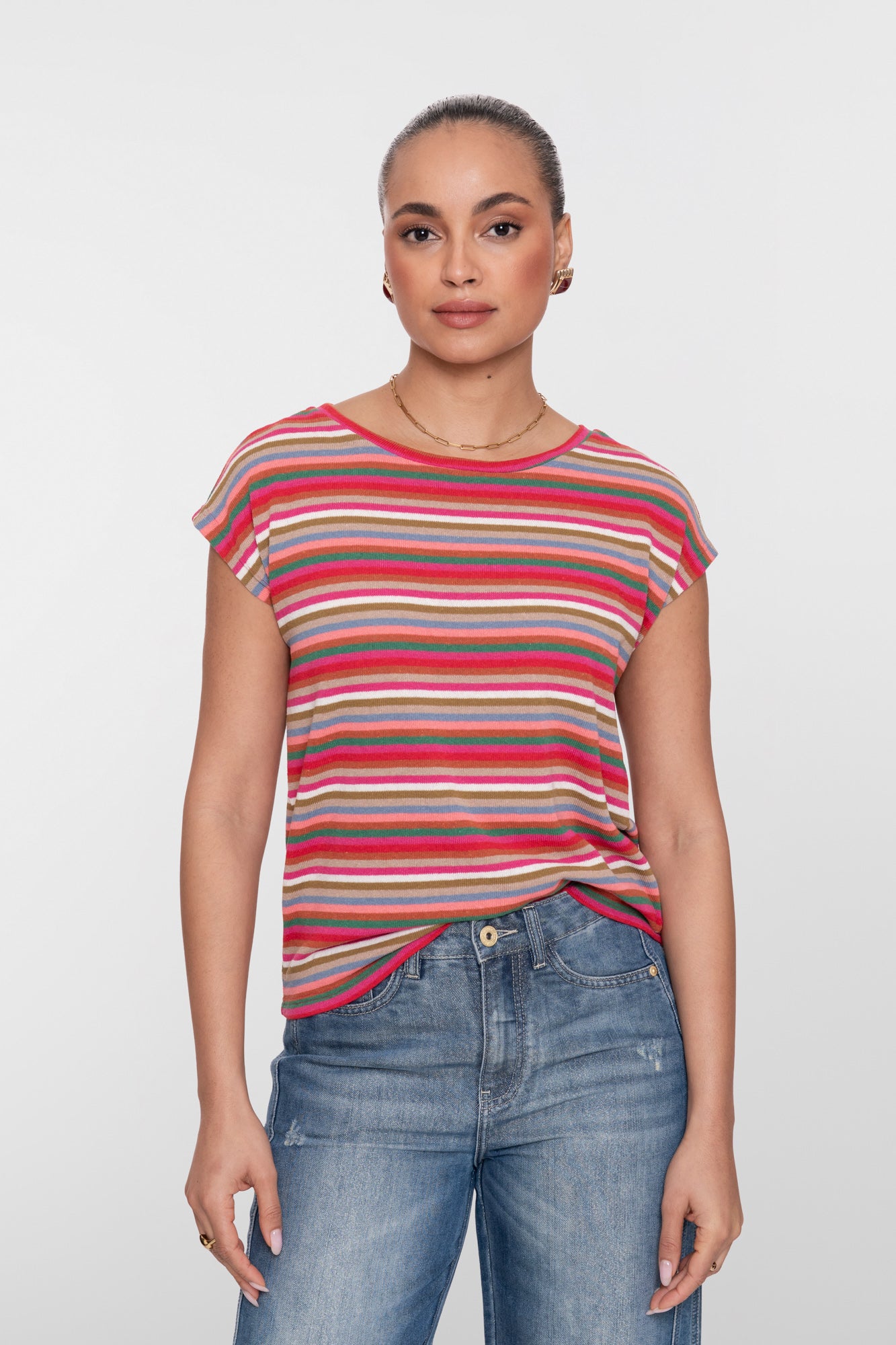 Geisha gestreepte dames top met multicolor dessin