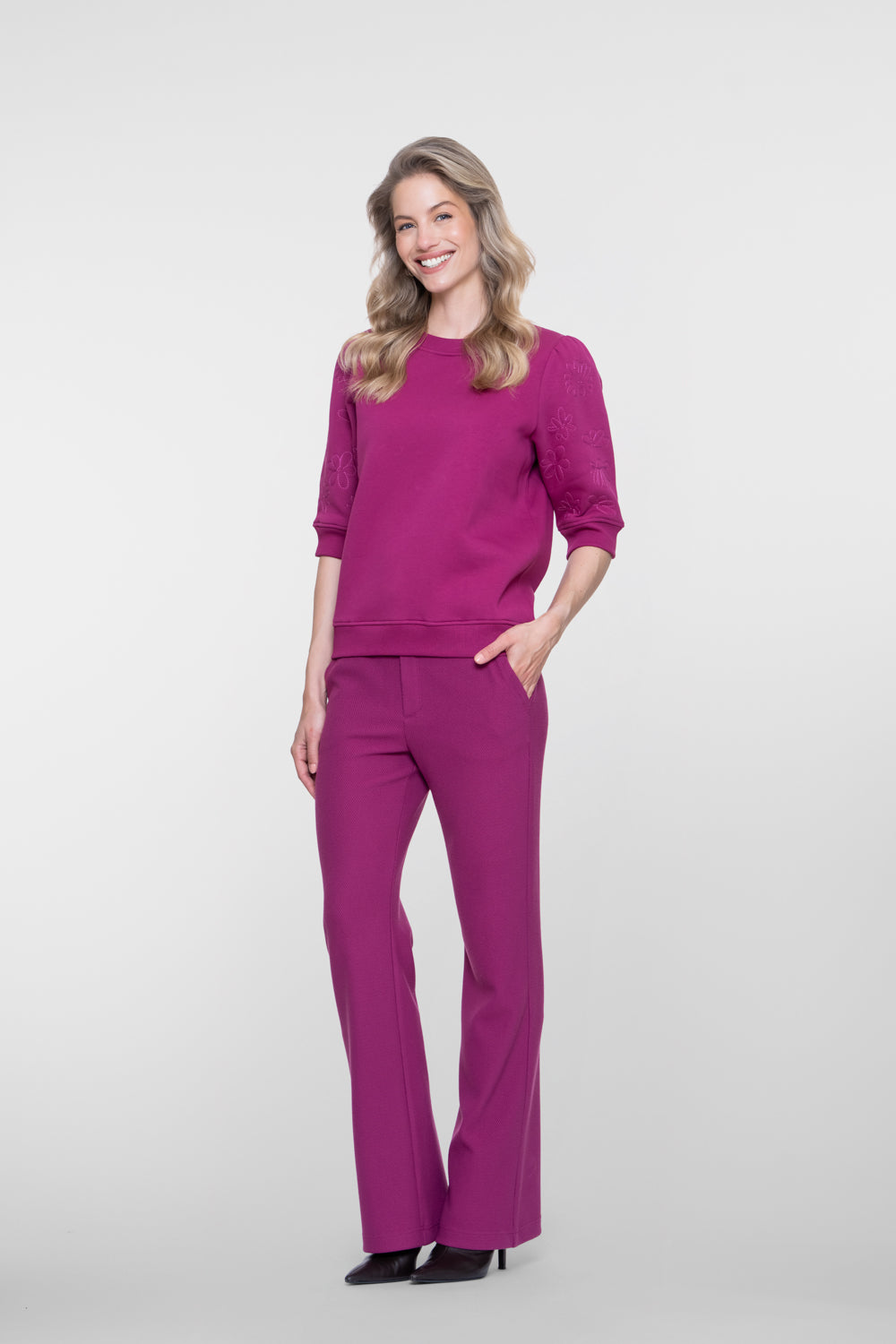Geisha sweater met halflange mouwen en bloemenborduursel
