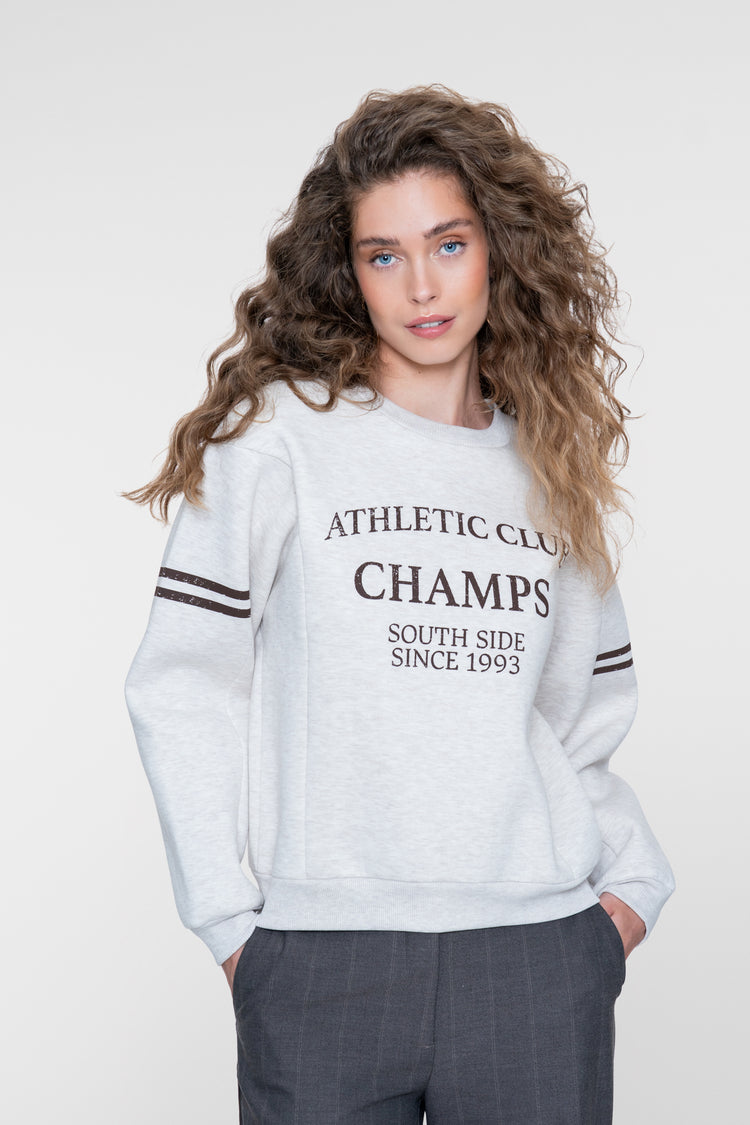 Geisha sweater in greige melange met sportieve print