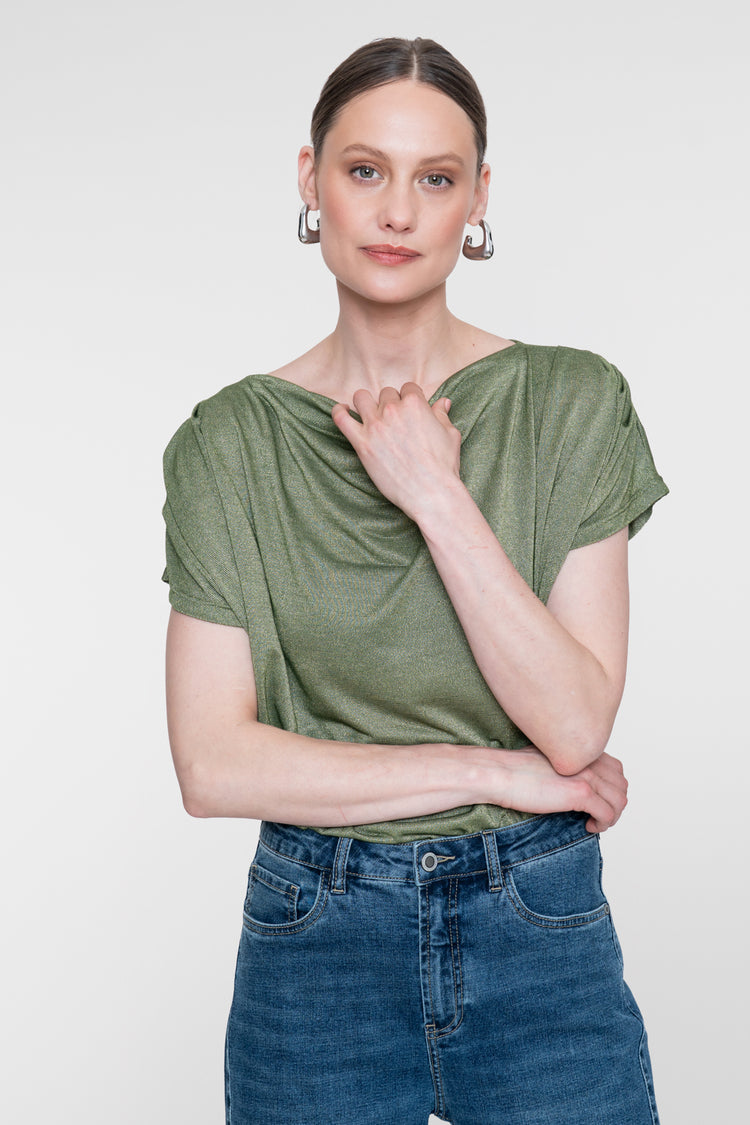Geisha glanzende top met watervalhals in groen