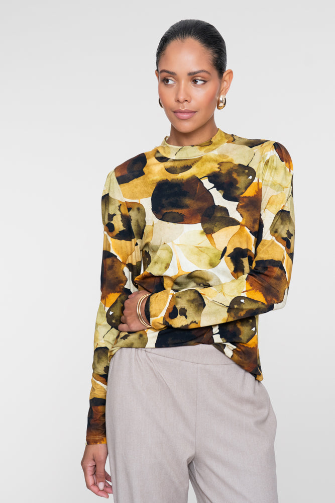 Geisha viscose longsleeve met bladprint en opstaande halslijn
