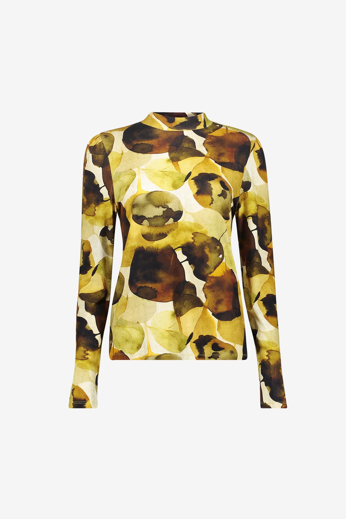 Geisha viscose longsleeve met bladprint en opstaande halslijn