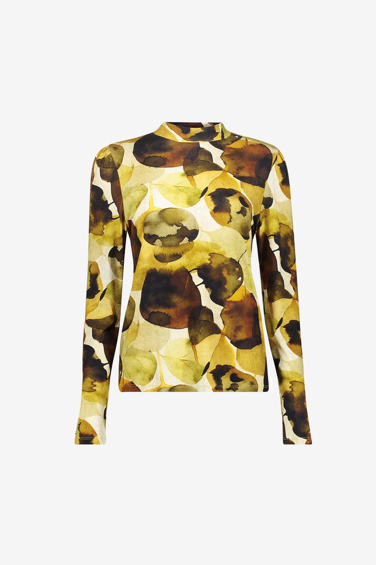 Geisha viscose longsleeve met bladprint en opstaande halslijn