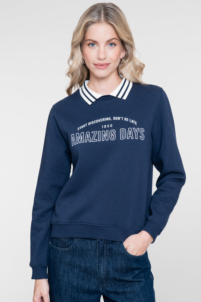 Geisha sportieve sweater met polokraag en statementprint