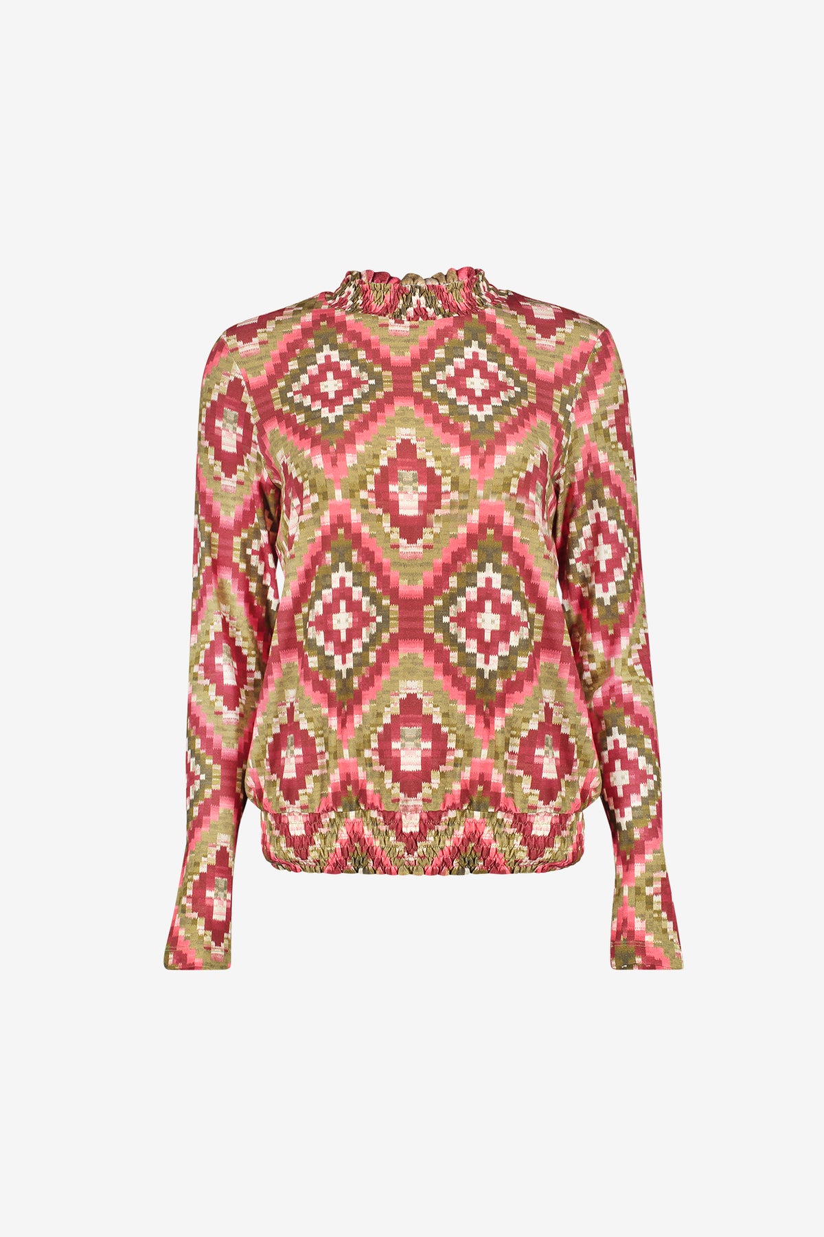 Geisha top met grafische ruitprint en gesmokte details.