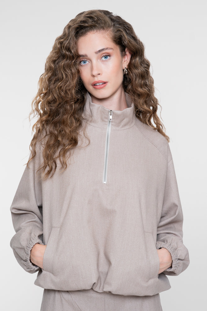 Geisha flanel jasje in taupe zand melange met hoge kraag