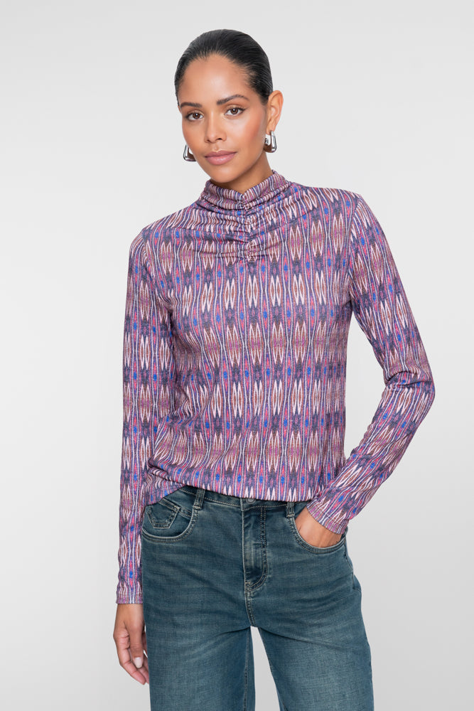 Geisha top met grafische print en gerimpelde hals