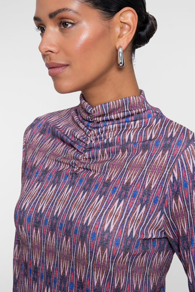 Geisha top met grafische print en gerimpelde hals