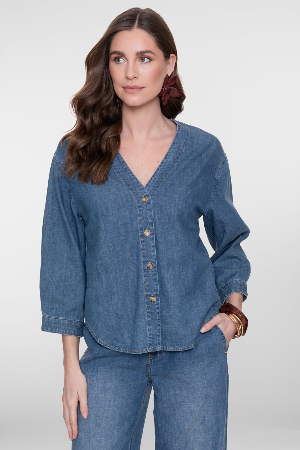 Geisha denim blouse met V-hals