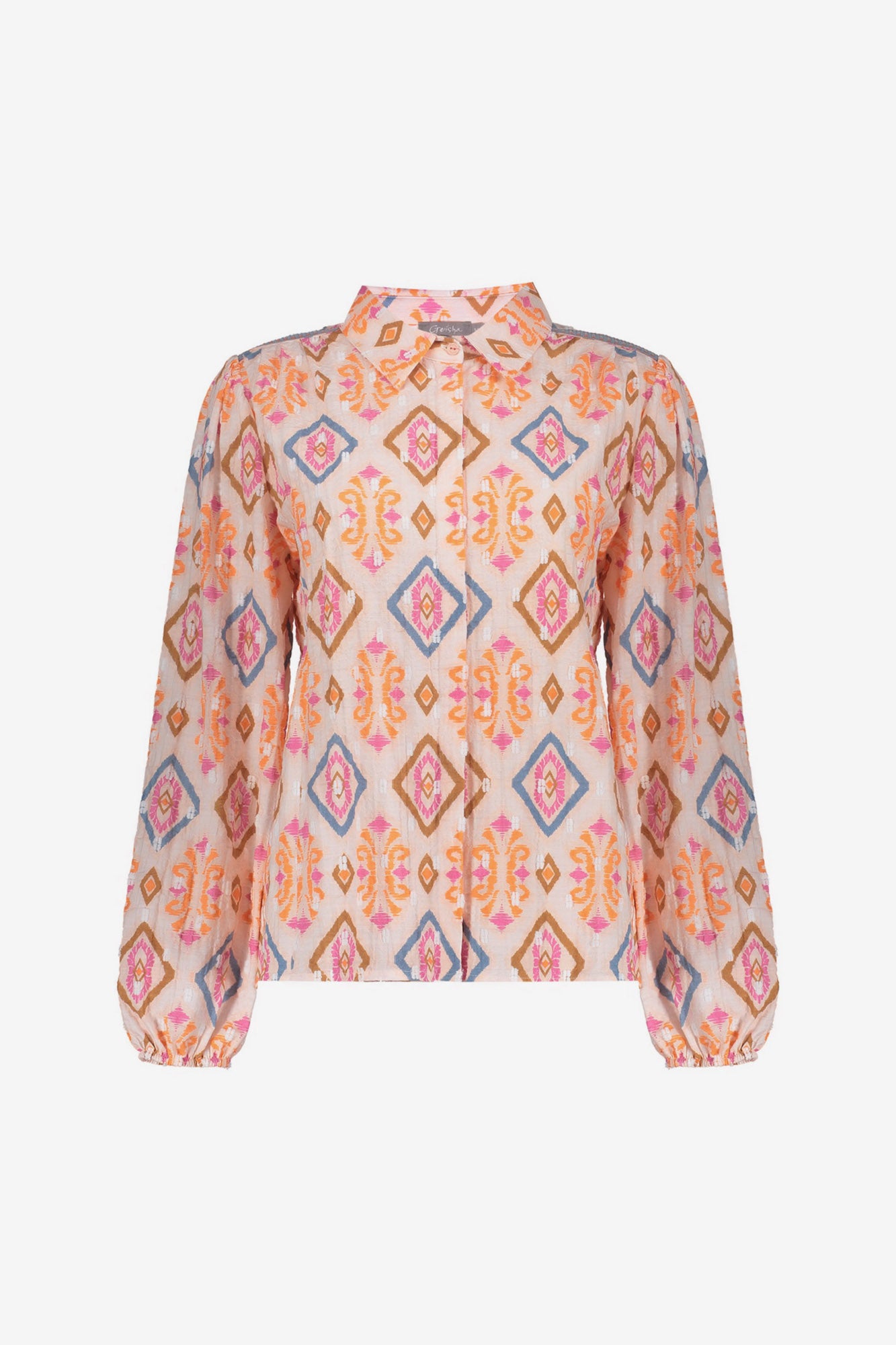 Geisha blouse met kleurrijke ikatprint en elastische mouwen