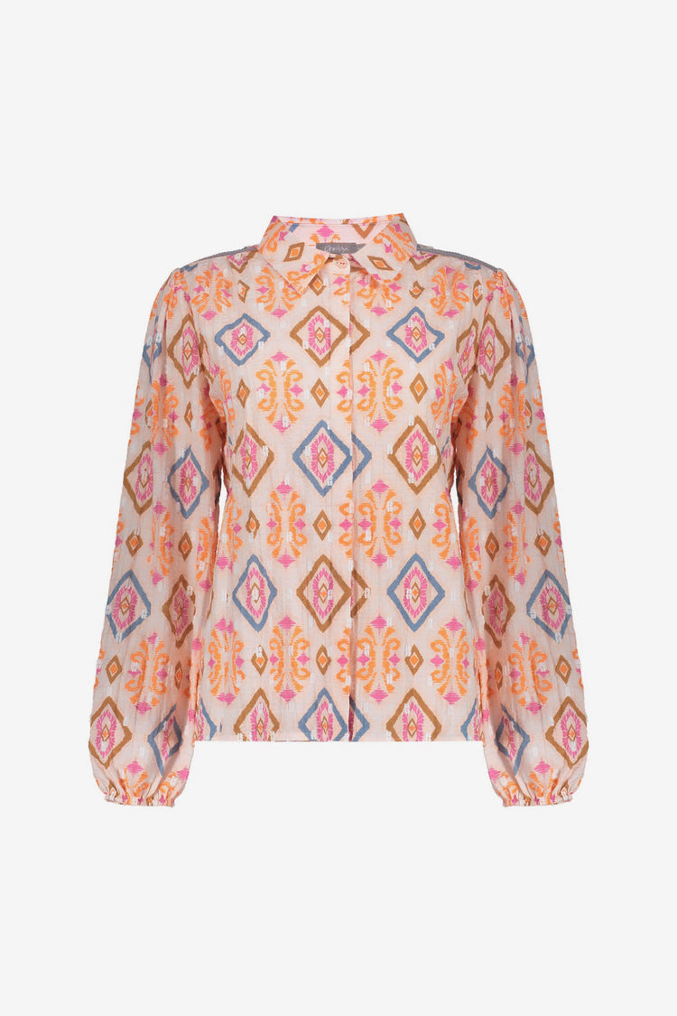 Geisha blouse met kleurrijke ikatprint en elastische mouwen