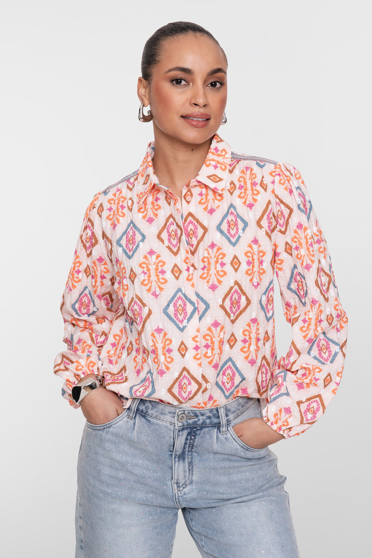 Geisha blouse met kleurrijke ikatprint en elastische mouwen