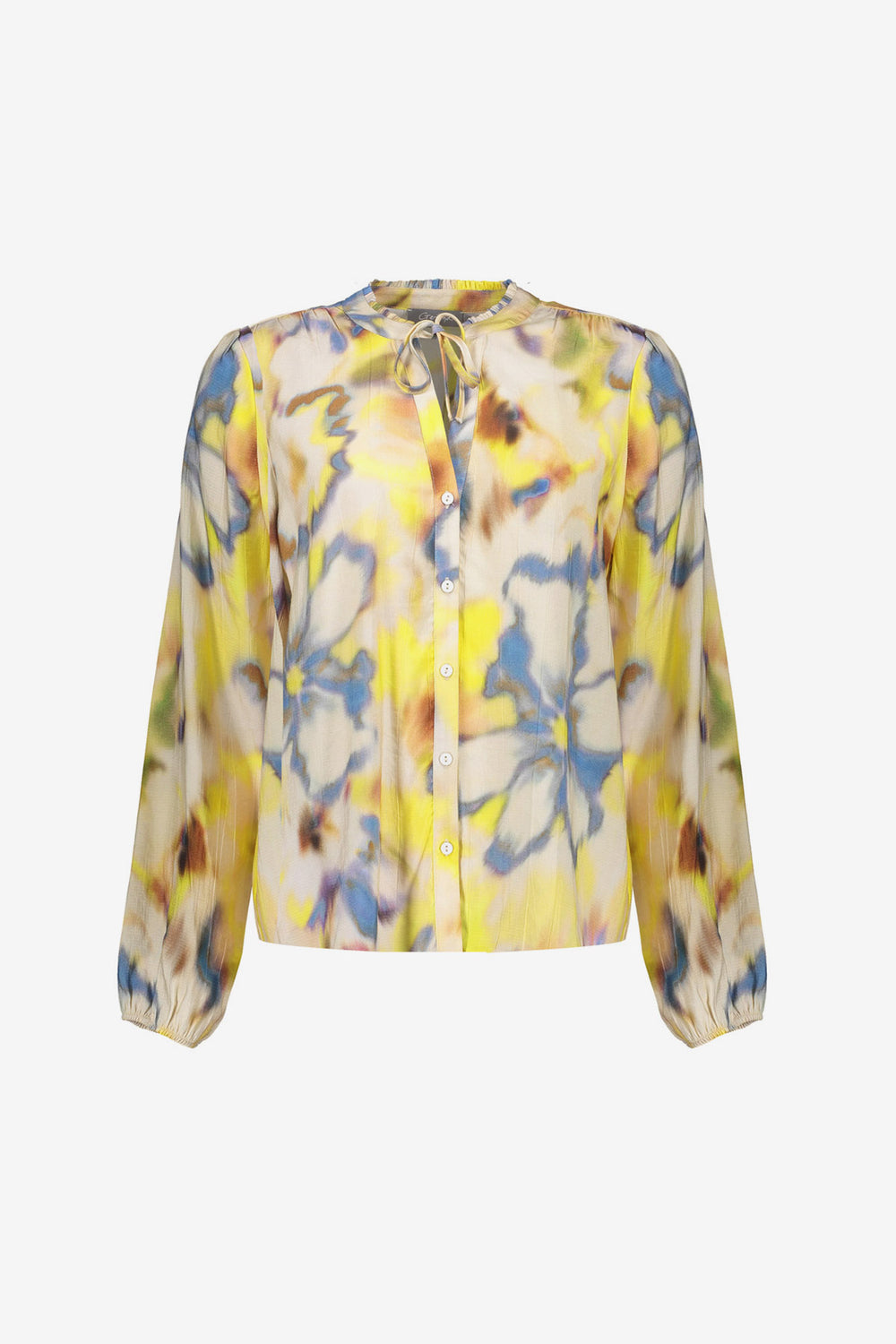 Geisha blouse  met butteryellow en blauwe aquarelprint
