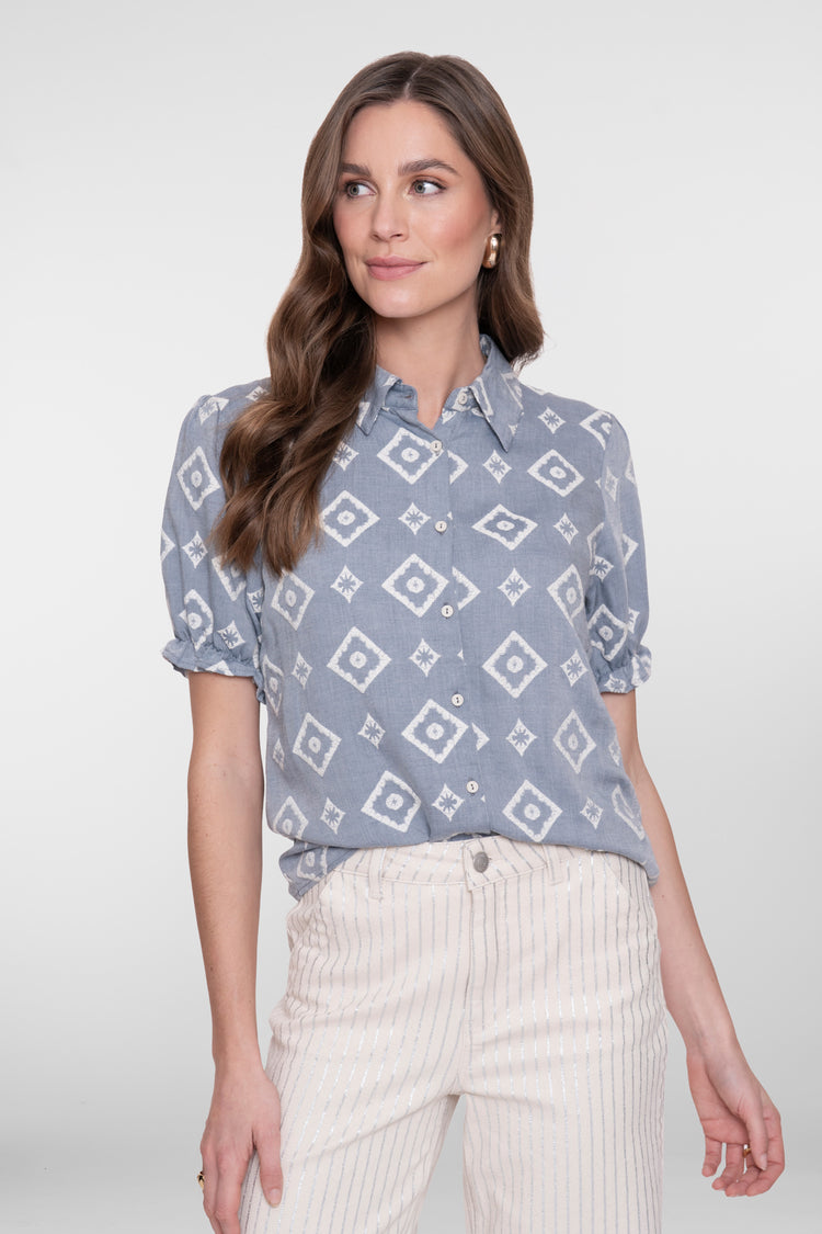 Geisha blouse met Ikatprint en Ruffle