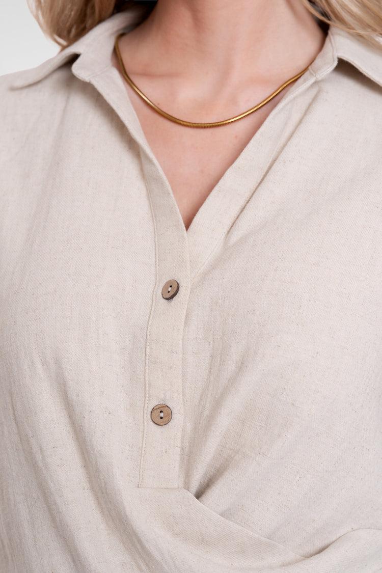 Geisha top met overslagdetail en linnenlook
