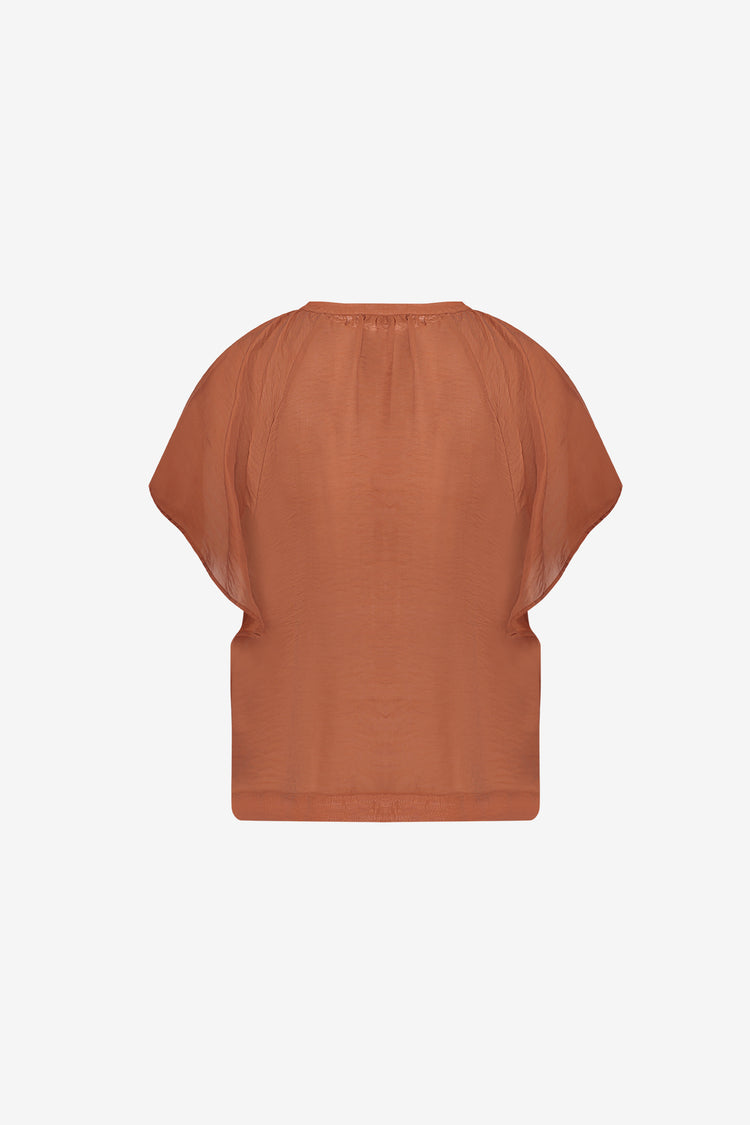 Geisha top met V-hals en losvallende mouw in warme tint