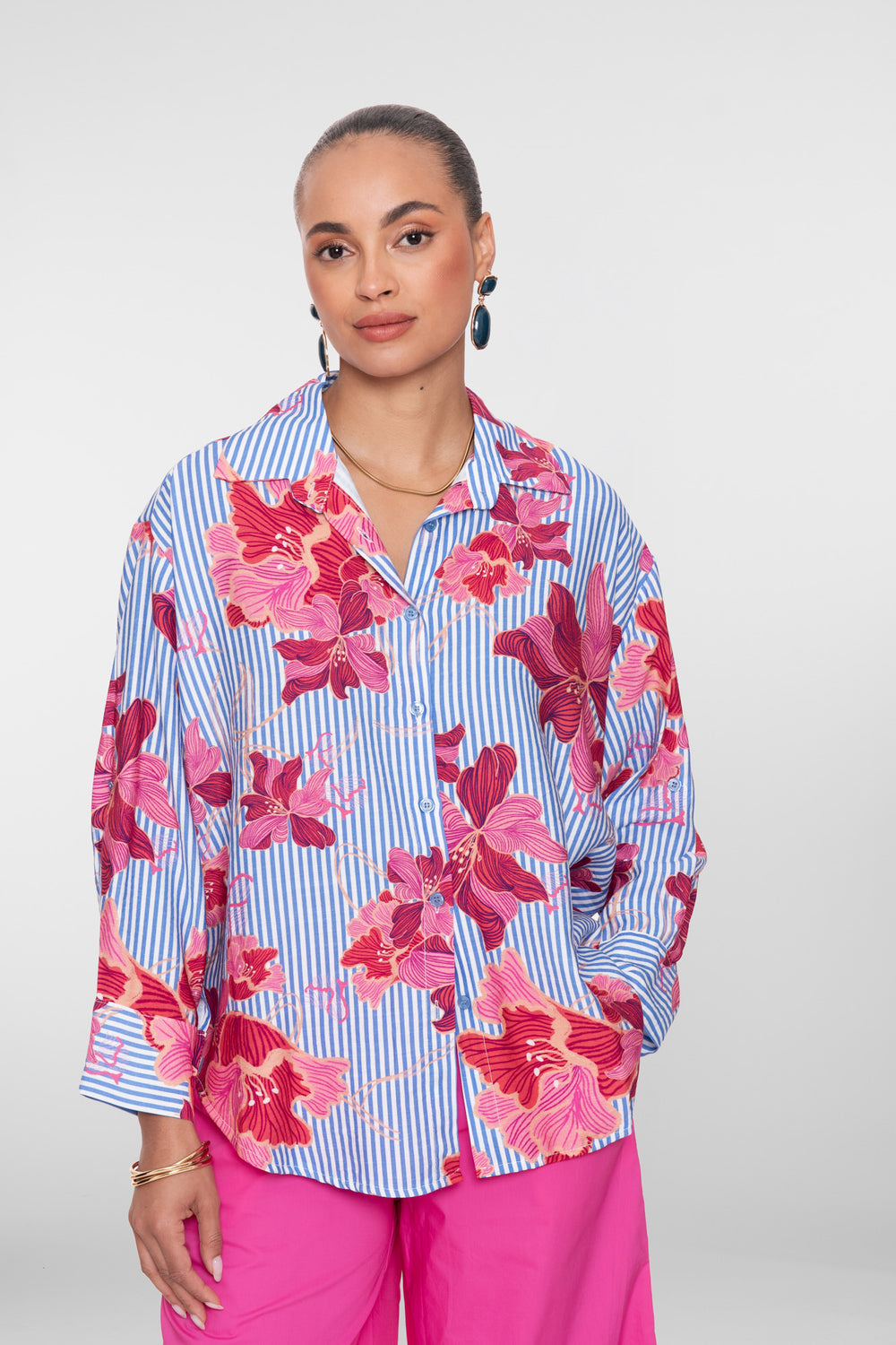 Geisha oversized blouse met strepen en bloemen