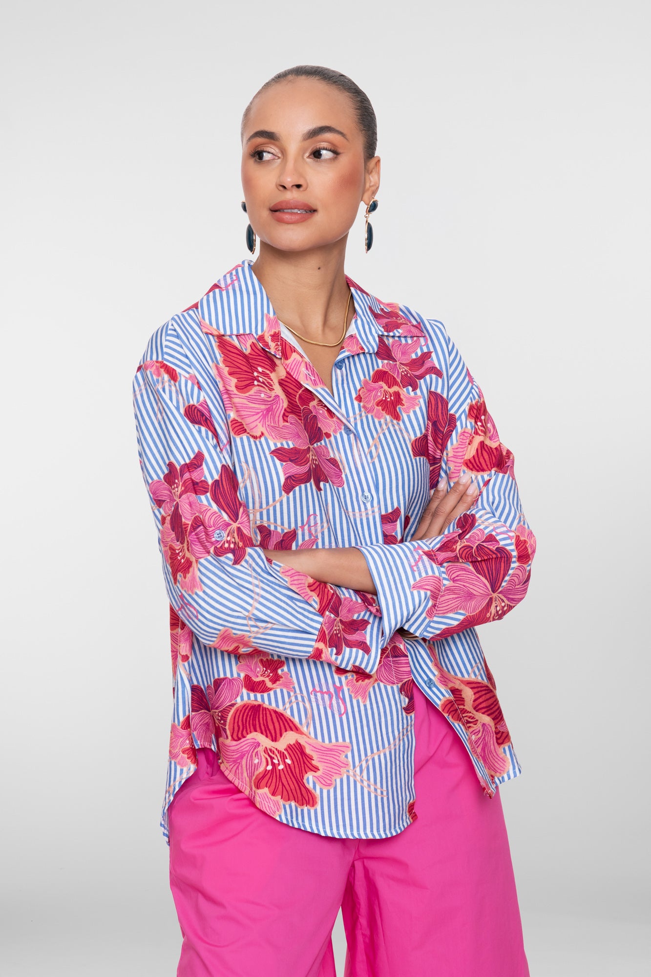 Geisha oversized blouse met strepen en bloemen