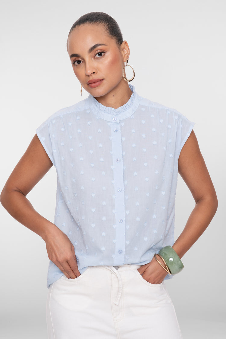 Geisha blouse met ruffle hals en subtiele hartjesdessin