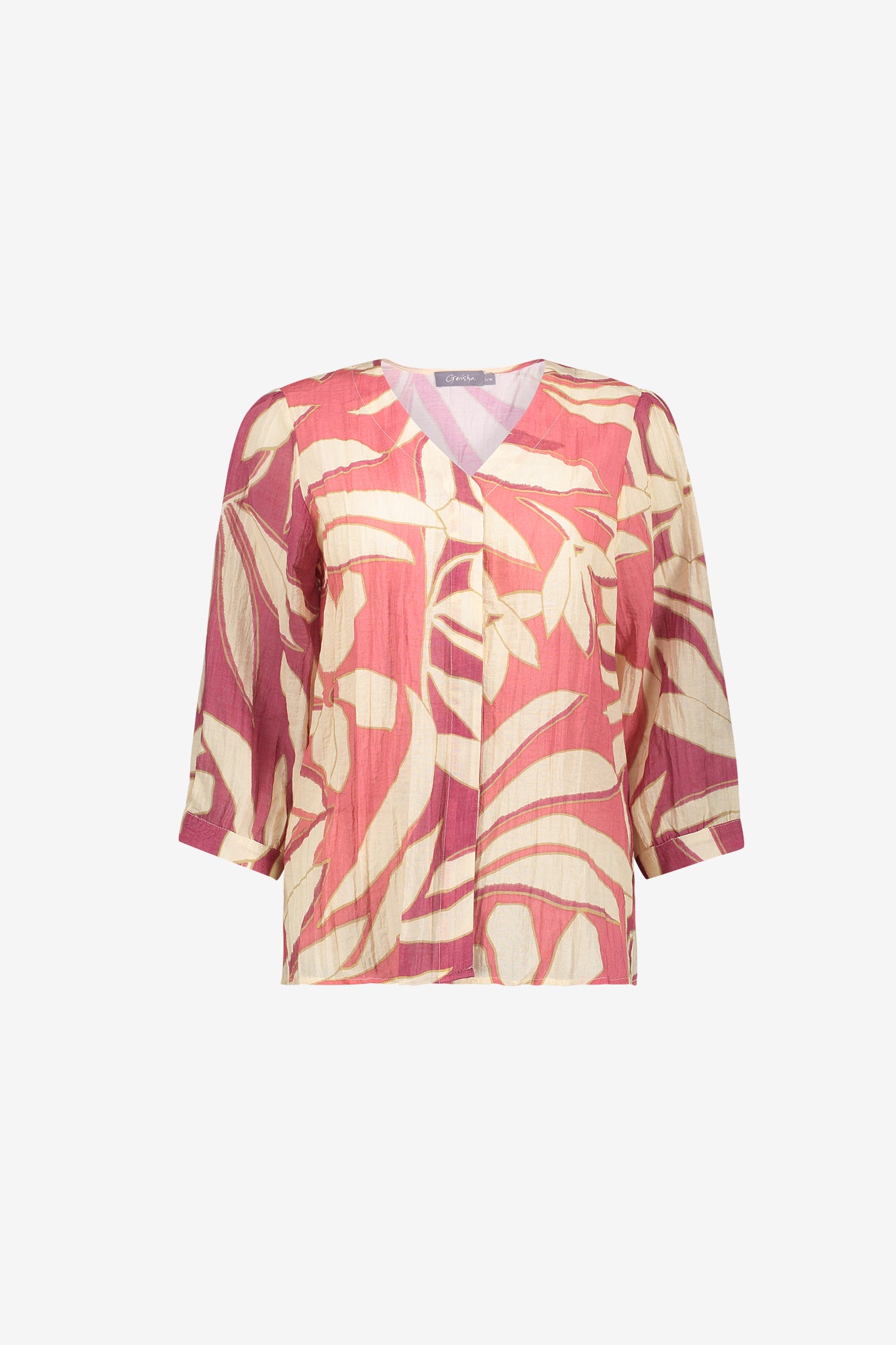 Geisha blouse met tropische bladprint en vrouwelijke uitstraling