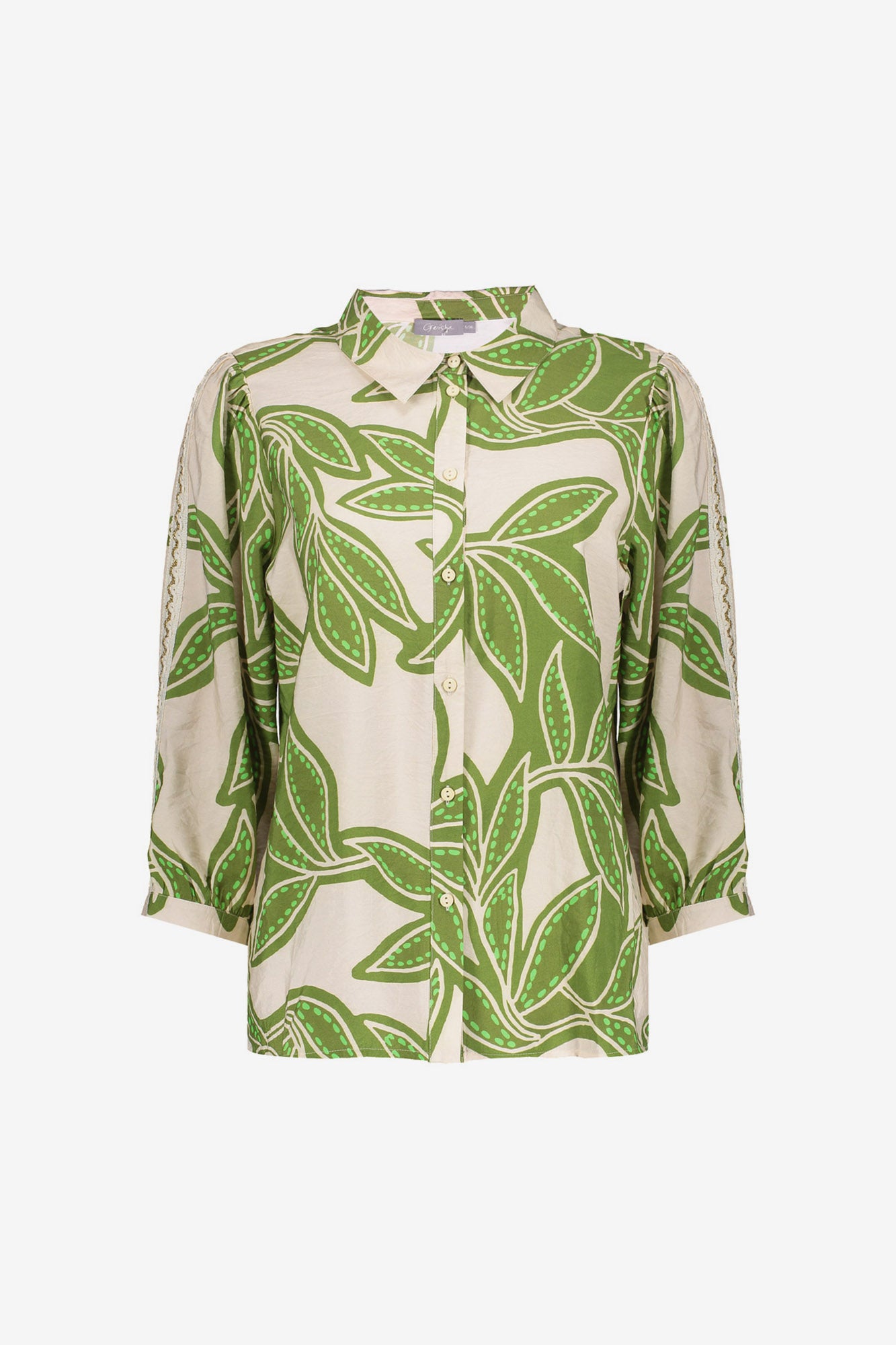 Geisha blouse met bladerprint en klassieke kraag