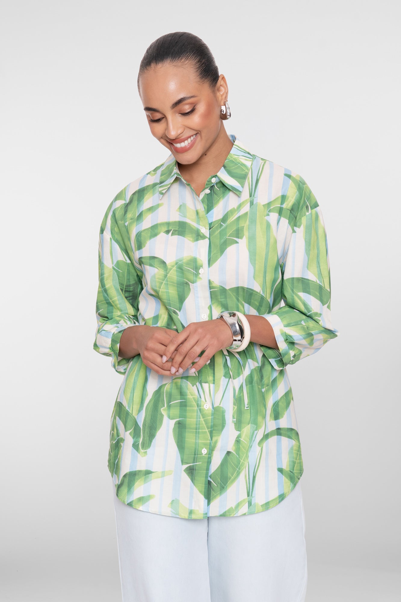 Geisha lange blouse met palmprint en strikceintuur