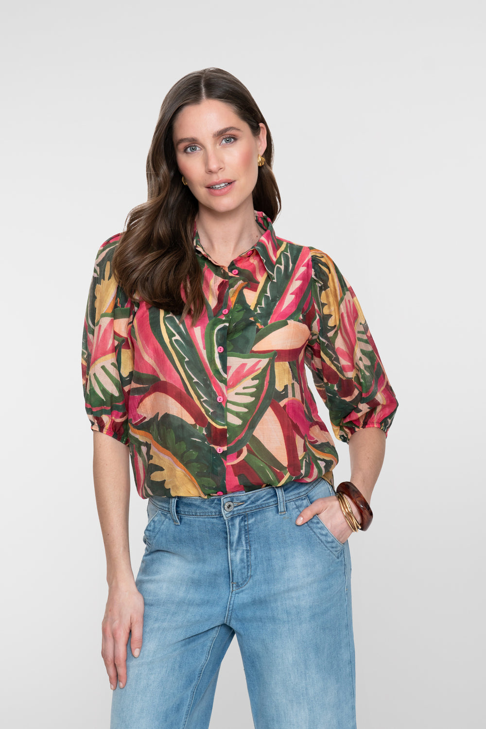 Geisha blouse met kleurrijke print en halflange mouwen
