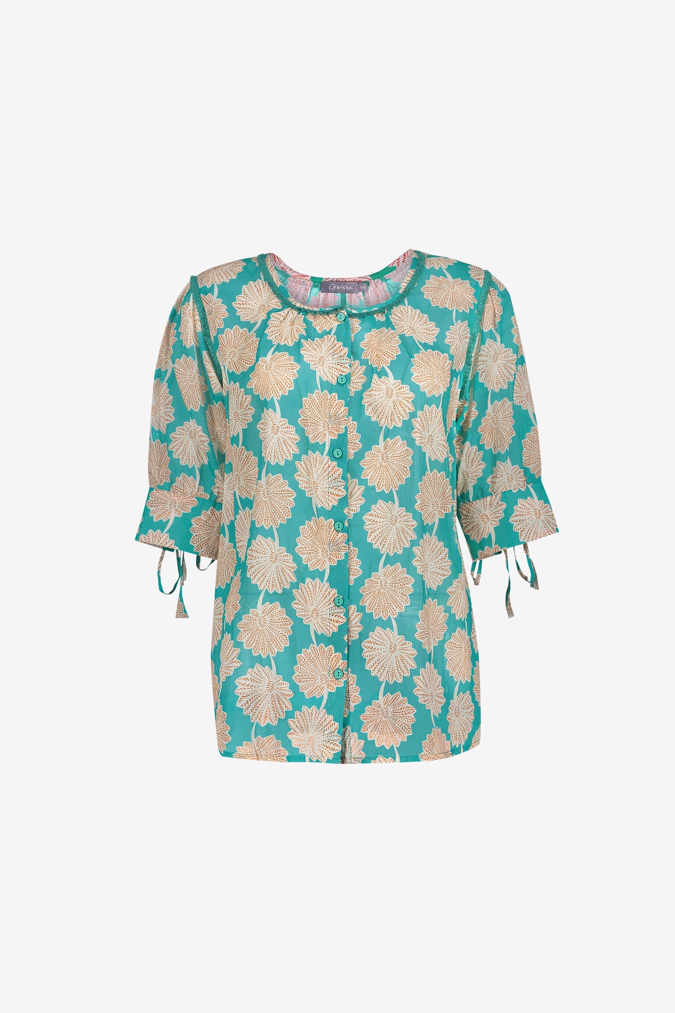Geisha blouse aqua met sierlijke bloemenprint