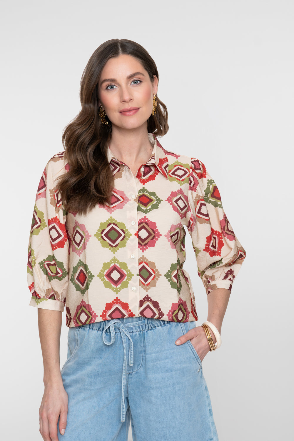Geisha blouse met grafische print in zand en roodtinten