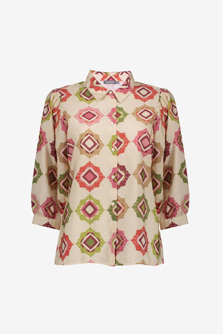 Geisha blouse met grafische print in zand en roodtinten