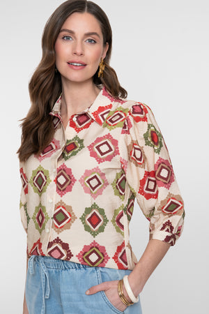 Geisha blouse met grafische print in zand en roodtinten