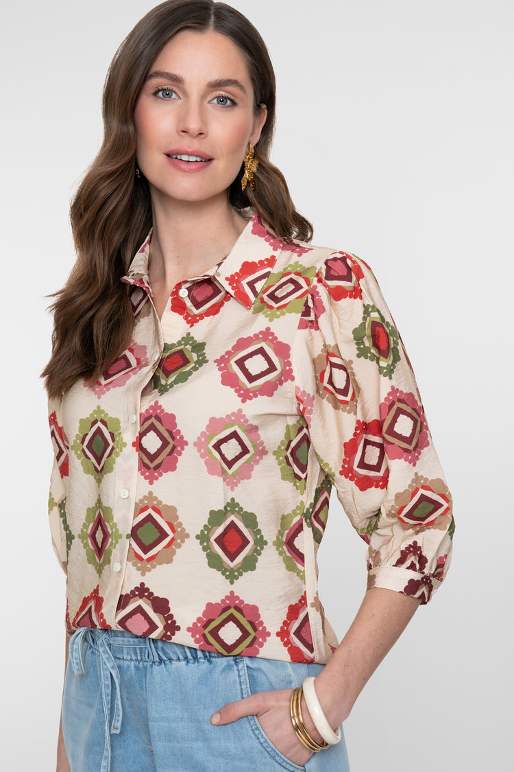 Geisha blouse met grafische print in zand en roodtinten