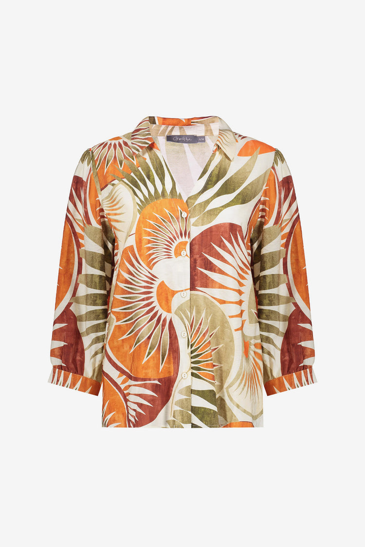 Geisha blouse met bloemenprint in warme tinten en V-hals