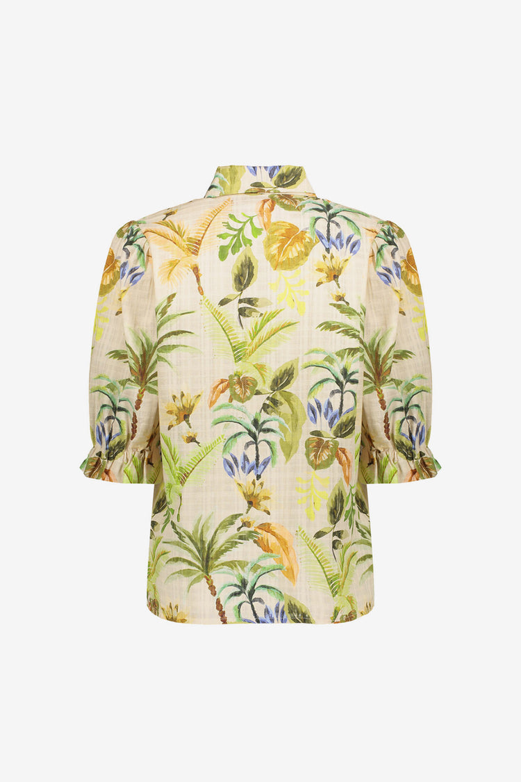 Geisha blouse met tropische print en pofmouwen