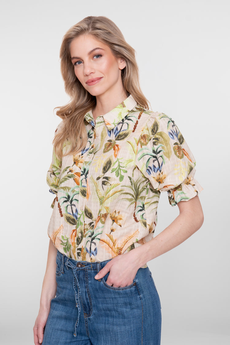 Geisha blouse met tropische print en pofmouwen