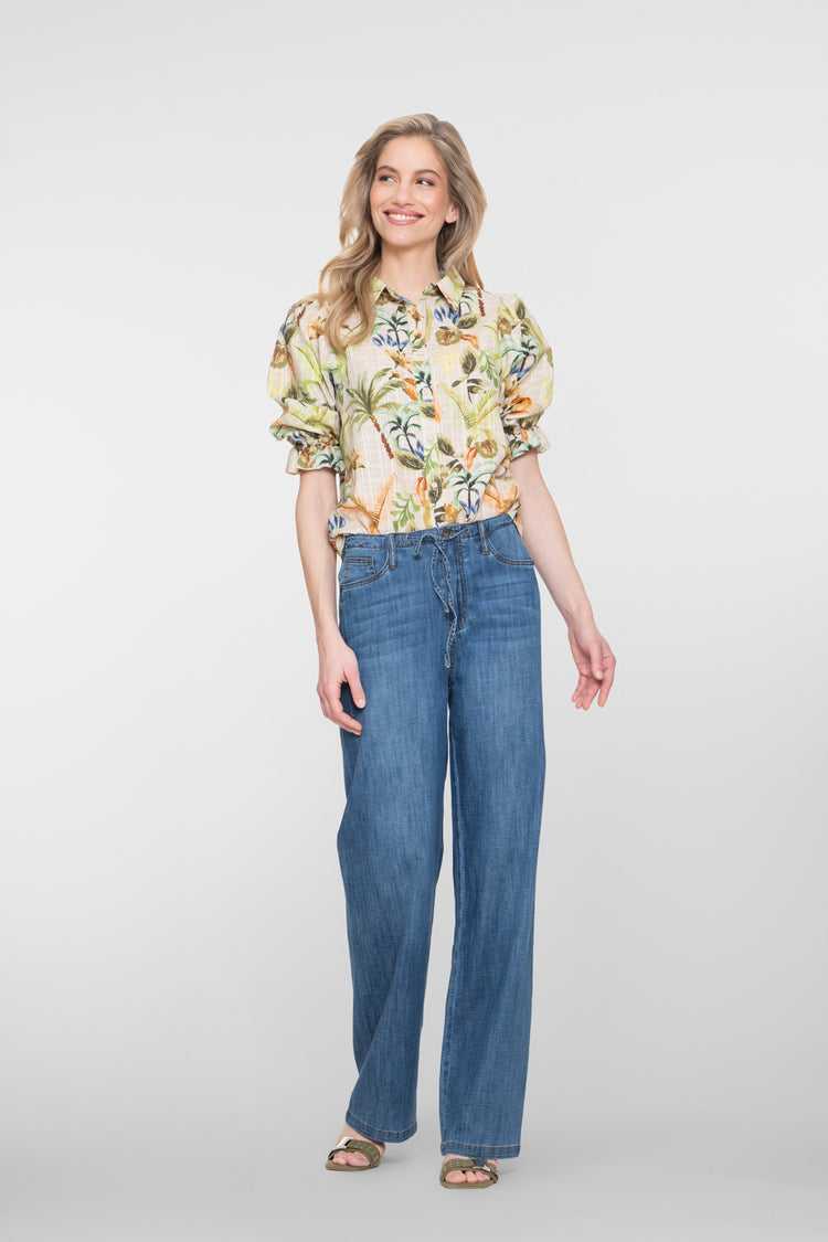 Geisha blouse met tropische print en pofmouwen