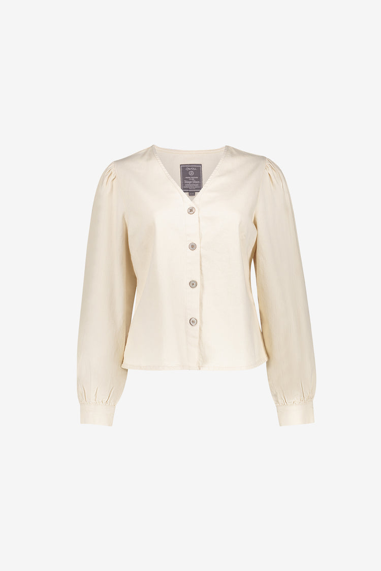 Geisha witte denim blouse met V-hals en decoratieve knoopsluiting