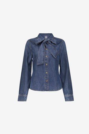 Geisha getailleerde denim blouse met strikdetail
