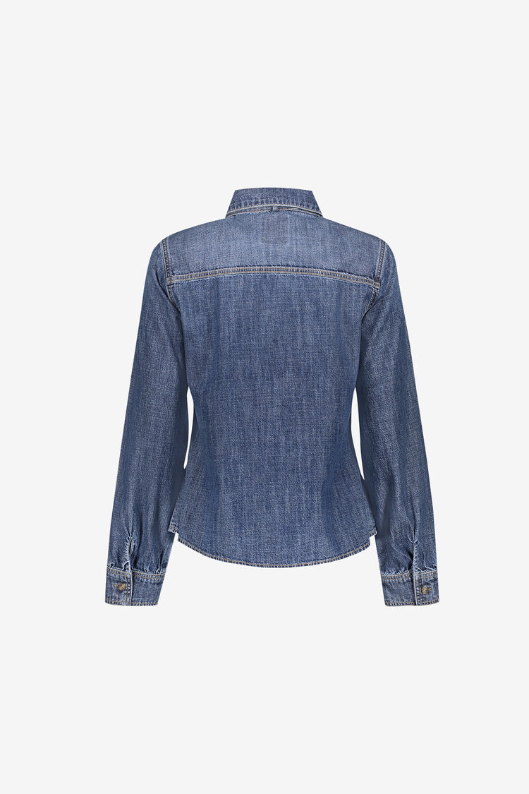 Geisha getailleerde denim blouse met strikdetail
