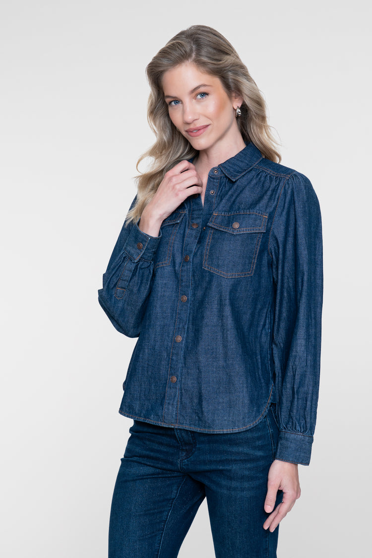 Geisha denim blouse met borstzakken en contrasterende stiksels