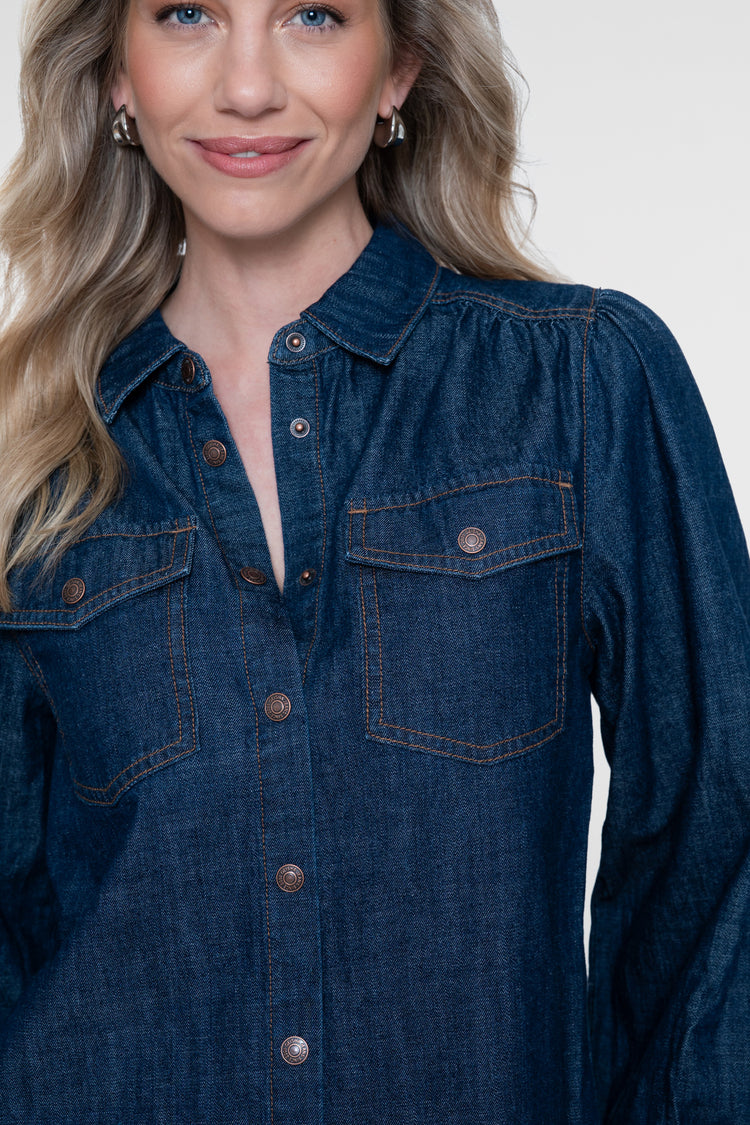 Geisha denim blouse met borstzakken en contrasterende stiksels