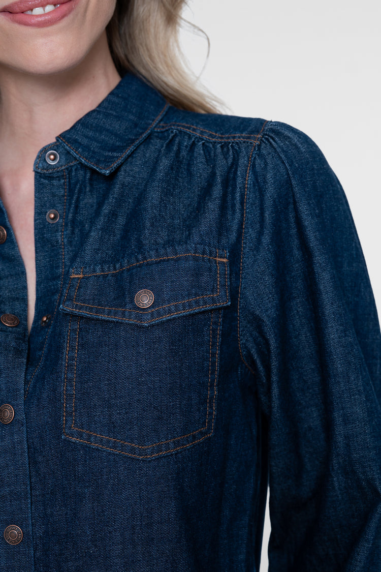 Geisha denim blouse met borstzakken en contrasterende stiksels