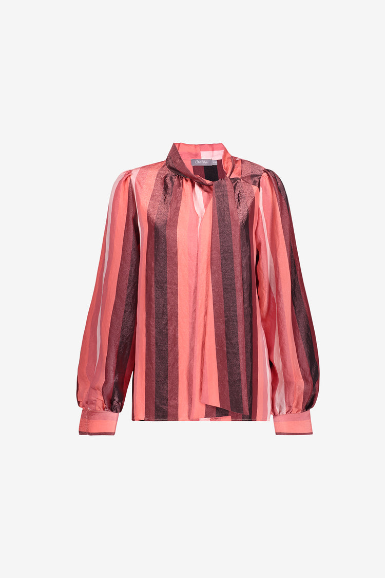 Geisha blouse met strikhals en glanzend streeppatroon