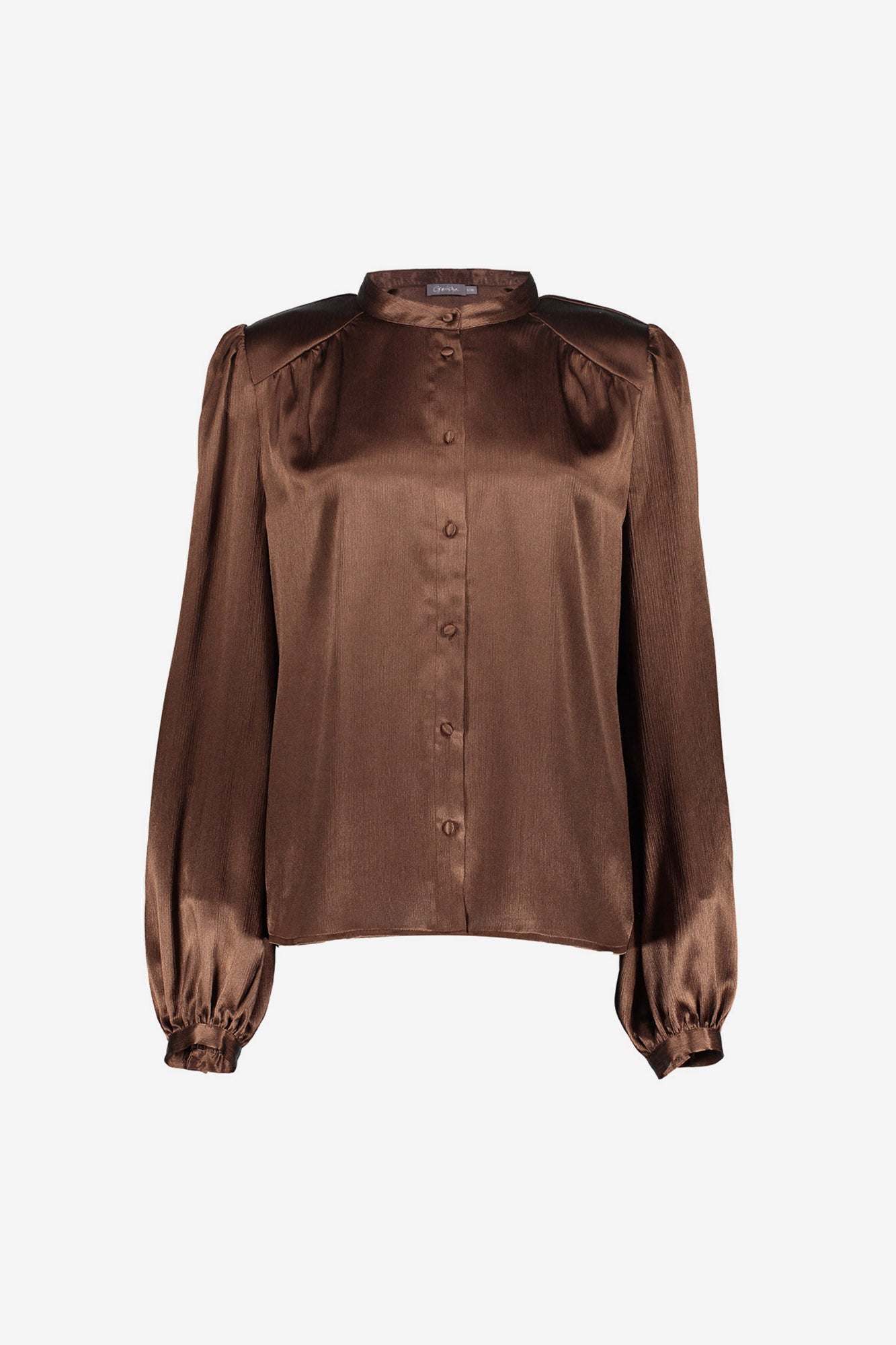 Geisha glanzende blouse met opstaande hals en subtiel pofmouwtje