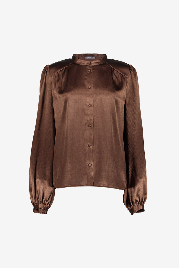 Geisha glanzende blouse met opstaande hals en subtiel pofmouwtje