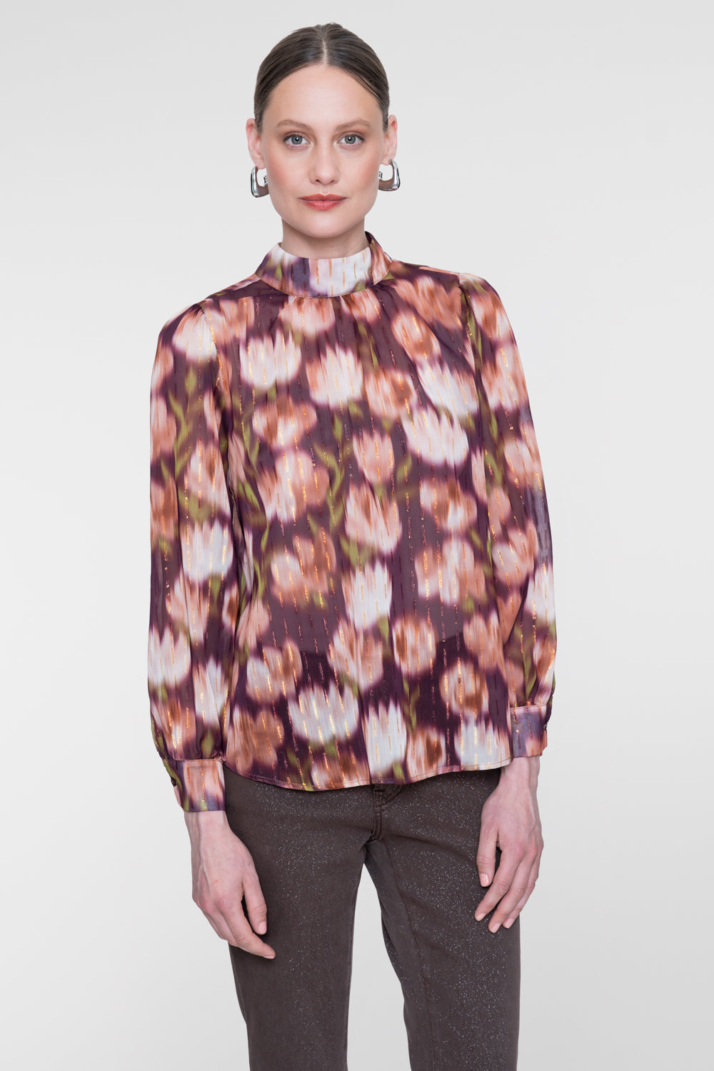 Geisha blouse met opstaande hals en kleurrijke dessinprint