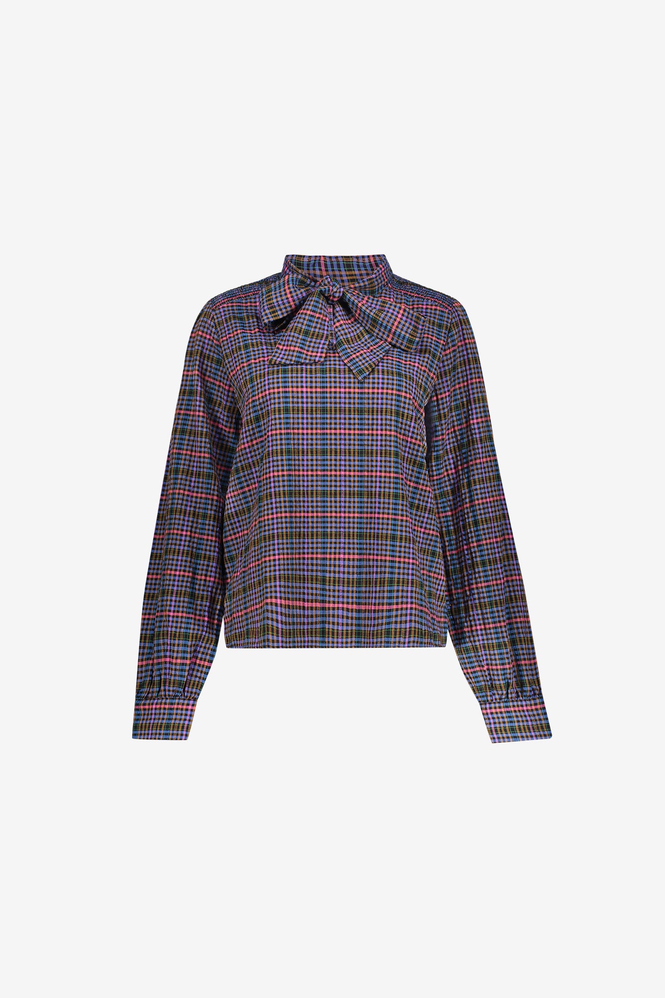 Geisha blouse met strikhals en lange mouwen in ruitdessin